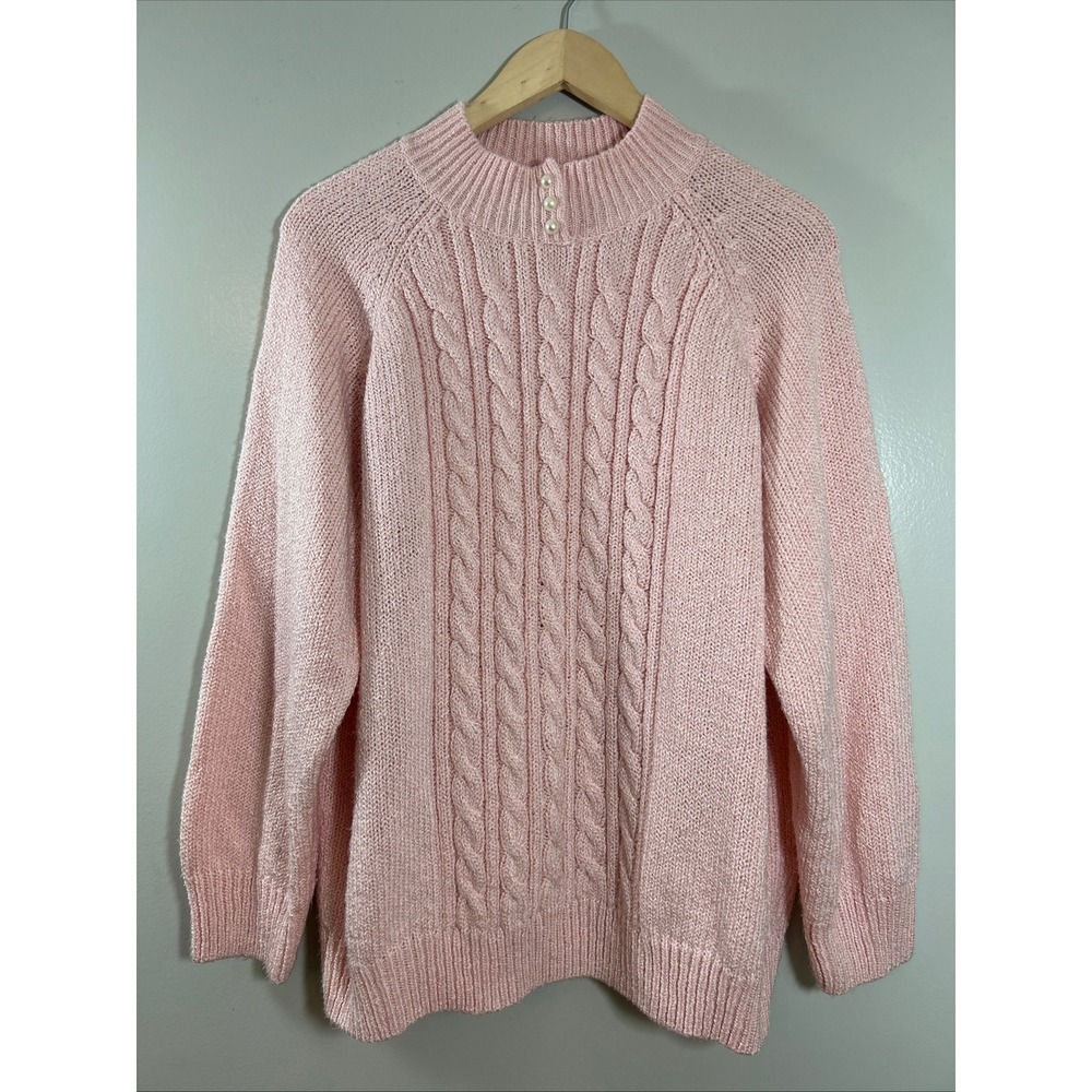 Karen Scott Woman Pink Cable Knit Mock Neck Pearl Button Sweater 2X